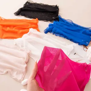 Detail view of breathable mesh sun protection neck gaiters shown in various vibrant colors