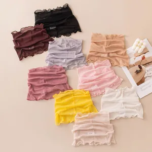 Close-up of breathable mesh neck gaiter with elegant ruffle edges in multiple pastel colors