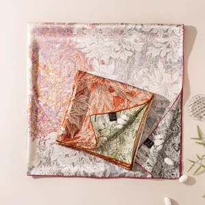Elegant 100% mulberry silk square scarf with botanical print in soft natural colors