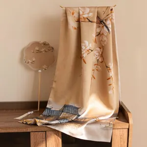 Mulberry Silk Long Scarf For Women Double Layer Shawl With Buckle Chinese Vintage Magnolia Print Elegant Silk Wrap Shawl
