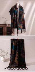 Close-up detail of elegant Xiangyun silk scarf with artistic patterns and tassels