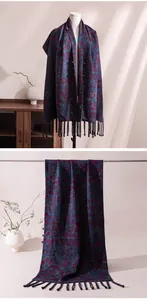 Elegant silk shawl scarf with traditional patterns, tassels, and frog button details.