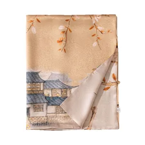 Elegant double-layer silk scarf featuring traditional ink-wash scenery and a clasp closure.