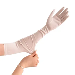 Premium long mulberry silk sun protection gloves for women in nude beige elegant finish