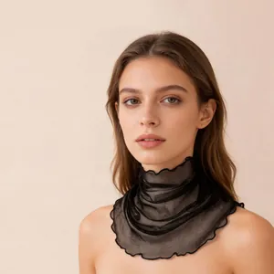 Women Mulberry Silk Sun Protection Neck Gaiter Lettuce Trim Mesh False Collar Breathable Solid Color Cooling Scarf Wrap