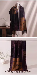 Detailed view of luxury purple silk shawl with traditional frog fasteners and tassels