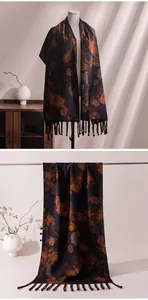 Detailed view of dark floral silk shawl with traditional Chinese buttons and tassels