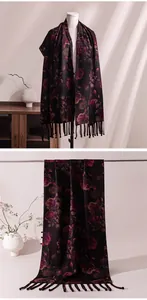 Luxury double-layered silk scarf with dark floral rose pattern and fringe tassels