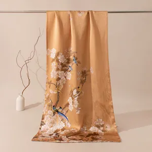 Elegant Chinese style silk shawl with floral bird print and satin finish