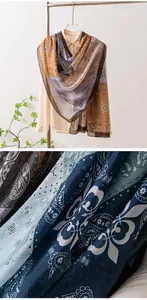 Gros plan d'une écharpe en soie légère avec motif paisley bleu et logo DG