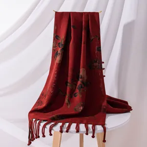 Luxury Mulberry Silk Shawl Double-Sided Chinese Floral Print Long Scarf With Tassels And Frog Buttons For Women