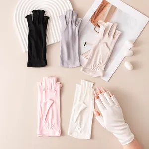 Guantes de Medio Dedo de Seda de Mora para Mujer Protección Solar Transpirables Pantalla Táctil Guantes de Conducción Color Sólido Verano Aire Libre Guantes de Ciclismo
