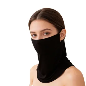 Premium black mulberry silk sun protection face mask and neck gaiter for women.