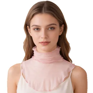 Elegant pink silk mesh sun protection neck gaiter featuring a layered ruffled high collar