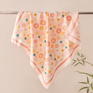 Professional Elegant Floral Printed Square Scarf For Women Satin Cotton Rayon Decorative Neck Handbag Scarf Office Lady Bandana