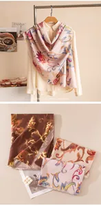 Detail view of elegant floral printed long scarves for women in various soft colors