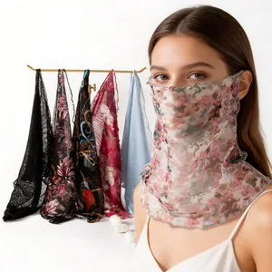 Damen 100% Maulbeerseide Sonnenschutz Gesichtsmaske Halswärmer Sommer Atmungsaktiv Ohrschlaufe Schal Rüschenkante Blumendruck Outdoor Schleier