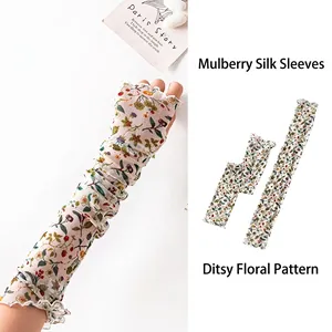 Lightweight floral mulberry silk mesh sun protection arm sleeves for women driving