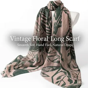 Vintage Floral Print Scarf Luxury Polyester Long Shawl Scarf For Women Lightweight Soft Silk Feel Everyday Neck Scarf Wrap