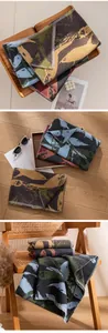 Stylish wool blend scarf with abstract patterns shown in three lifestyle settings.