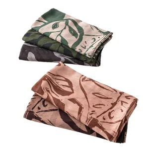 Retro printed silk scarf with elegant leaf pattern for women, spring autumn shawl