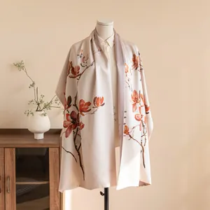 Detail of New Chinese style floral shawl made from premium snowflake satin fabric.