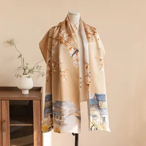 Elegant detail of a New Chinese style silk shawl with traditional landscape painting