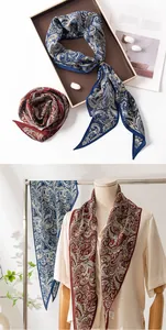 Detailed view of paisley print mulberry silk rhombus scarf for elegant spring styling