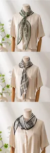 Detailed view of three elegant mulberry silk scarves with floral, plaid, and striped patterns.