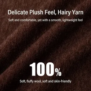 Macro view of 100% pure wool scarf showing soft wavy texture and brown hairy yarn