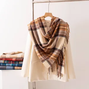 Classic brown plaid scarf with fringe detail, cozy imitation cashmere for winter.