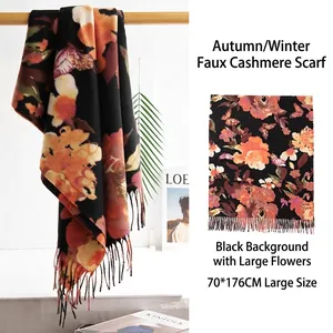 Retro Luxe Kasjmierachtige Polyester Bloemen Sjaal Voor Vrouwen Herfst Winter Warme Grote Bloemenprint Kwastjes Lange Omslagdoek