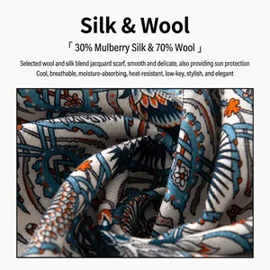 Hoogwaardige sjaal van 30% zijde en 70% wol met elegante blauwe paisley-patronen