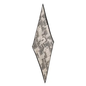 Elegant diamond-shaped silk scarf with classic black paisley and polka dot pattern.