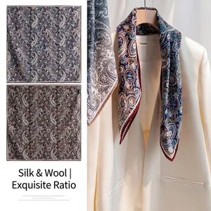Women Silk Wool Blend Square Scarf Elegant Paisley Pattern Double Sided Print Shawl Luxurious Fashion Neck Wrap Lady Scarf