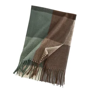 Stylish plaid imitation cashmere scarf with tassels, soft women's winter shawl wrap.