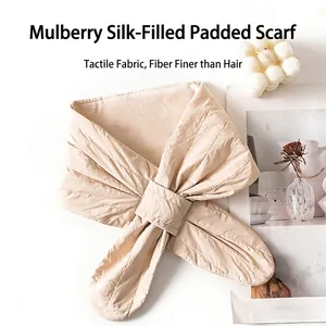 Cozy beige padded neck warmer with mulberry silk filling for women, lightweight winter scarf