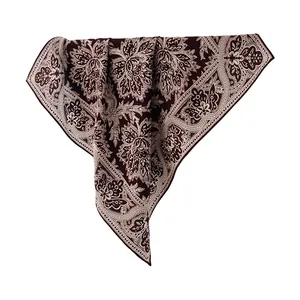 Carré en laine et soie à motif paisley vintage avec bords roulés à la main, marron