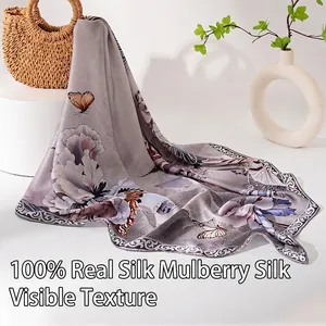 Eleganter 100% Maulbeerseide Quadratschals mit Vintage-Blumen und Schmetterlingen