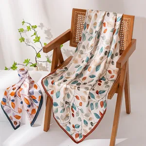 Elegant mulberry silk large square scarf with artistic leaf print pattern for women