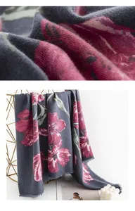 Close-up of soft vintage floral print scarf with elegant pink flowers and grey base