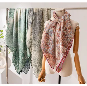 Detailed view of elegant silk wool blend square scarf with vintage floral patterns.