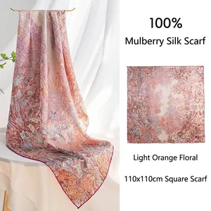 Pañuelo Cuadrado de 100% Seda de Morera para Mujer Elegante Chal con Estampado Floral Botánico Envolturas Ligeras