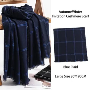 Men Fashion Blue Grid Checkered Scarf Soft Warm Commuter Neck Wrap With Tassels Long Polyester Scarf For Autumn Winter