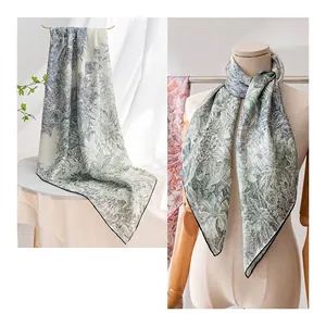 Elegante pañuelo cuadrado grande de seda con estampado botánico para mujer