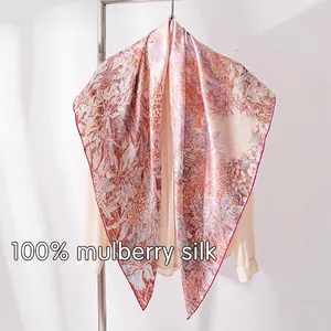 Pañuelo cuadrado de lujo de seda de morera 100% con diseño floral para mujer