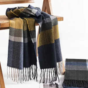 Stylish winter men's plaid imitation cashmere scarf with mustard yellow and navy blue tones