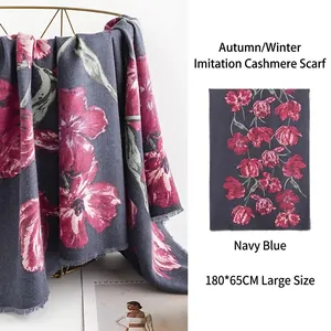 Vintage floral print faux cashmere scarf for women in navy blue size 180x65cm