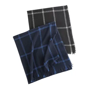 Men's stylish plaid scarves in navy blue and black with soft fringe edges