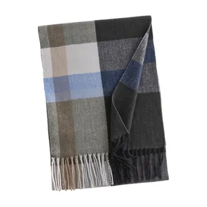 Classic plaid imitation cashmere scarf for men in grey and blue winter warm wrap